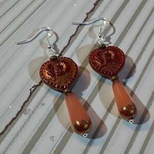 Handcrafted Czech Vintage Style Glass Heart Rose Bronze Dangle Drop Earrings